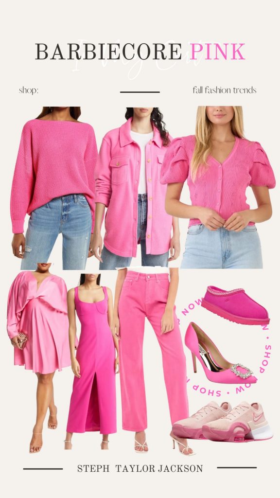 fall fashion trends, barbiecore pink, hot pink fall fashion