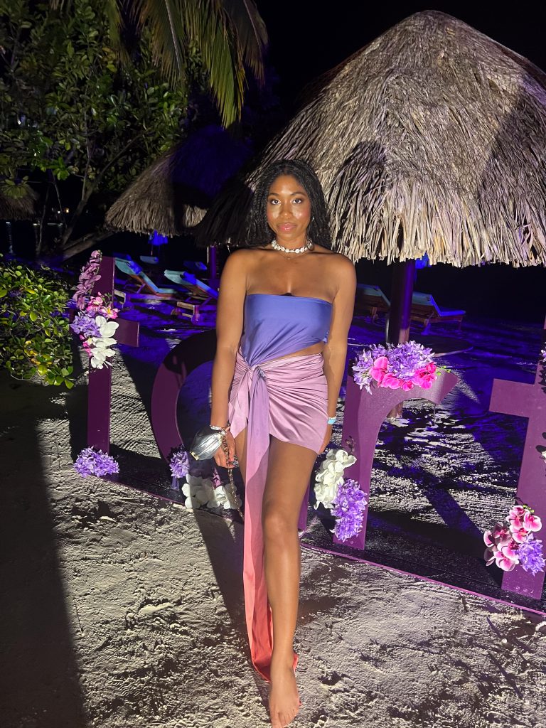 vacation outfit, resort wear, mini dress, purple dress