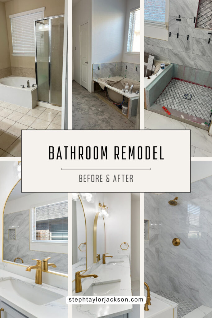 primary bathroom remodel, remodel, renovations, white grey gold bathroom, gold hardware